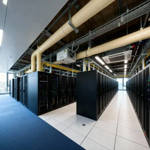 Serverraum mit mehreren Reihen schwarzer Serverschränke, sichtbaren Kabeltrassen und großen Klimakomponenten zur präzisen Kühlung des Rechenzentrums.