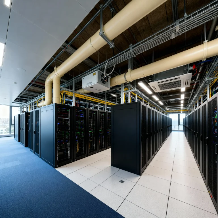 Serverraum mit mehreren Reihen schwarzer Serverschränke, sichtbaren Kabeltrassen und großen Klimakomponenten zur präzisen Kühlung des Rechenzentrums.