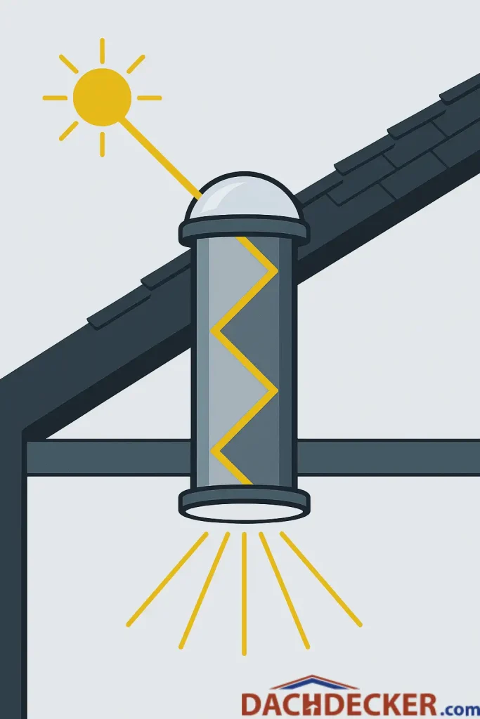 Grafische Darstellung eines Lichtkamins im Dach, der Tageslicht über ein reflektierendes Rohr in den Innenraum leitet.