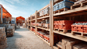 Organisierte Baustelle mit übersichtlichen Lagerbereichen, Baumaterialien wie Ziegel, Holz und Stahl auf Regalsystemen.