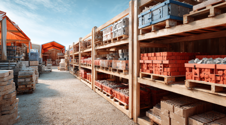 Organisierte Baustelle mit übersichtlichen Lagerbereichen, Baumaterialien wie Ziegel, Holz und Stahl auf Regalsystemen.