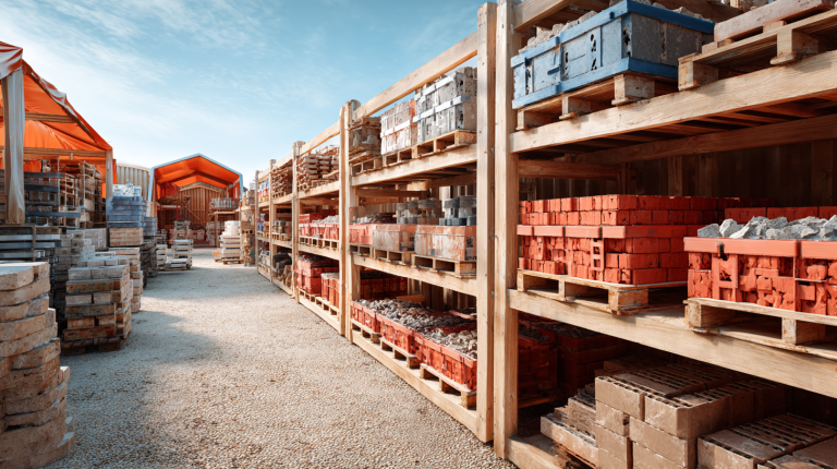 Organisierte Baustelle mit übersichtlichen Lagerbereichen, Baumaterialien wie Ziegel, Holz und Stahl auf Regalsystemen.