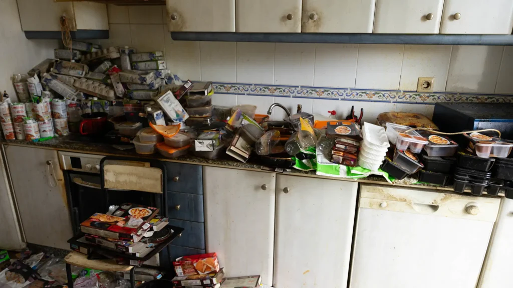 Stark verschmutzte Küche in einer Messi-Wohnung mit angehäuften Verpackungen, Essensresten und Müll auf Arbeitsflächen und Boden, die eine professionelle Reinigung erforderlich machen.