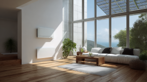 Heller, modern eingerichteter Wohnraum mit elektrischer Heizung, beheizt durch selbst erzeugten Solarstrom. Große Fenster lassen Sonnenlicht herein, auf dem Dach sind Solarpaneele sichtbar. Die Szene vermittelt nachhaltige Energie, Komfort und effizientes Energiemanagement im Smart Home.