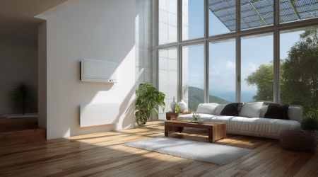 Heller, modern eingerichteter Wohnraum mit elektrischer Heizung, beheizt durch selbst erzeugten Solarstrom. Große Fenster lassen Sonnenlicht herein, auf dem Dach sind Solarpaneele sichtbar. Die Szene vermittelt nachhaltige Energie, Komfort und effizientes Energiemanagement im Smart Home.