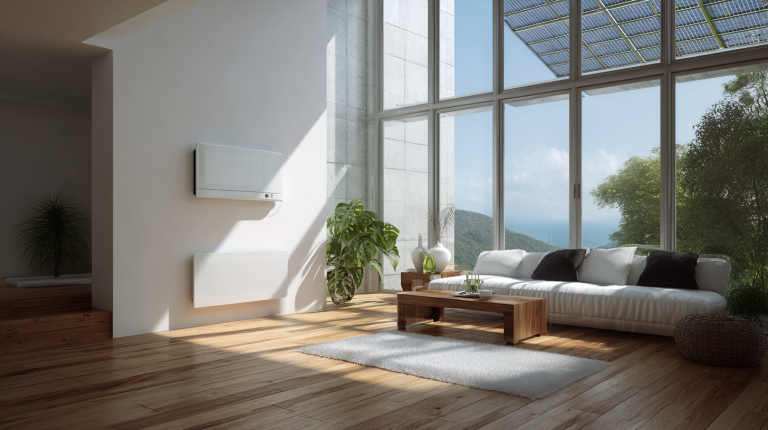 Heller, modern eingerichteter Wohnraum mit elektrischer Heizung, beheizt durch selbst erzeugten Solarstrom. Große Fenster lassen Sonnenlicht herein, auf dem Dach sind Solarpaneele sichtbar. Die Szene vermittelt nachhaltige Energie, Komfort und effizientes Energiemanagement im Smart Home.