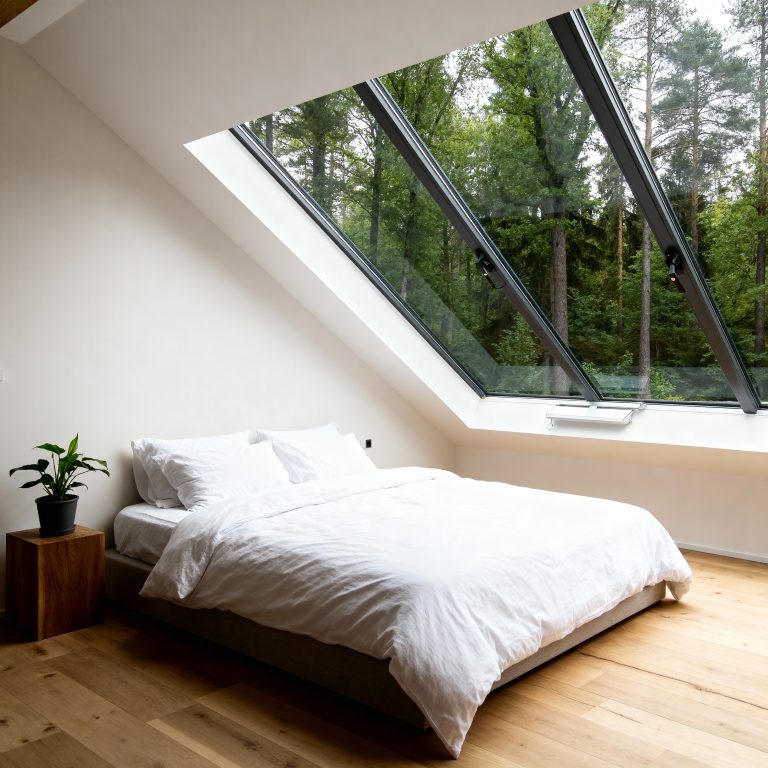 Helles Schlafzimmer mit großem Panoramadachfenster, das den Blick in einen grünen Wald freigibt und den Raum mit natürlichem Licht erfüllt.