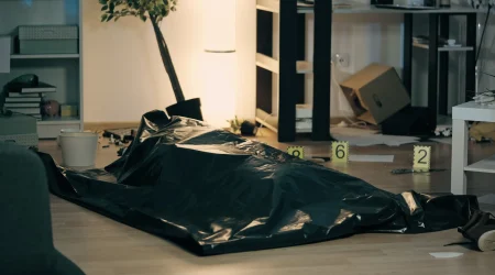 Ein Tatort mit einer abgedeckten Leiche auf dem Boden und nummerierten Markierungen, wie sie bei Ermittlungen üblich sind, bevor eine Raumluftdesinfektion und Reinigung des Fundortes erfolgt.