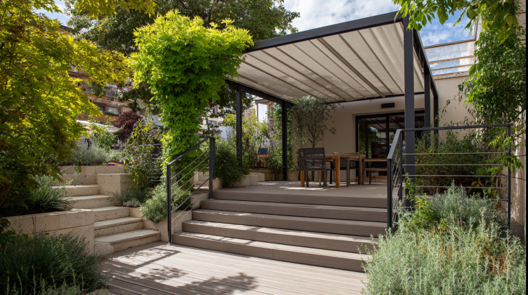 Eine nachhaltige Terrasse mit recyceltem Metallgeländer, umweltfreundlichem Pflaster, einer teilautomatischen Markise und grüner Bepflanzung.