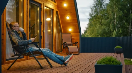 Ein Mann sitzt entspannt auf der Holzterrasse eines modernen Tiny Houses, trinkt Kaffee und schaut auf sein Smartphone, während im Hintergrund warme Außenbeleuchtung und Bäume zu sehen sind.
