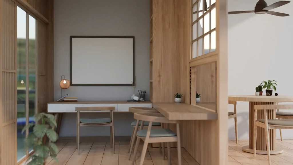 Minimalistischer Wohnbereich im Tiny House im Japandi Stil mit Holzverkleidung, Schreibtisch, Sitzbank und großen Holzfenstern.