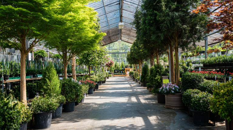Ein Gartencenter mit einer Auswahl an verschiedenen Baum- und Pflanzenarten.