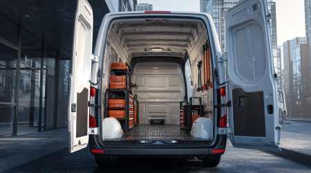 Sauberer und gepflegter Transporter, geordneter Laderaum mit rutschfesten Matten und Werkzeug, glänzender Außenlack, moderne urbane Umgebung.