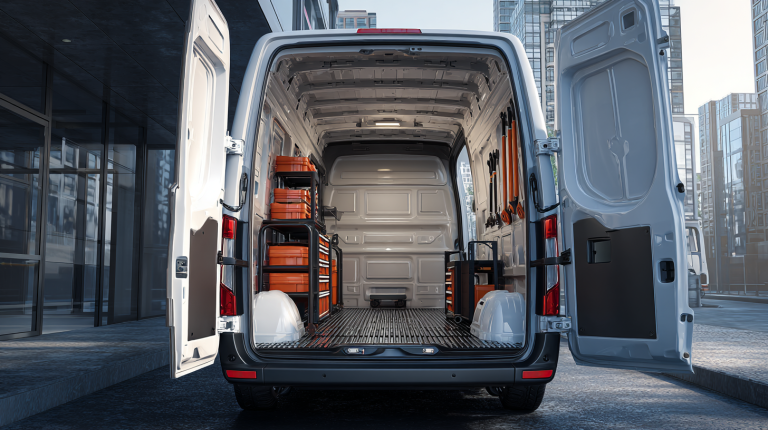 Sauberer und gepflegter Transporter, geordneter Laderaum mit rutschfesten Matten und Werkzeug, glänzender Außenlack, moderne urbane Umgebung.