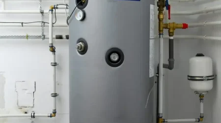 Zylindrischer Warmwasserspeicher in einem Hauswirtschaftsraum, umgeben von mehreren Wasserleitungen und Armaturen.