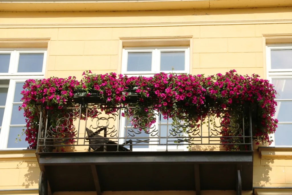 Balkon mit Metallgeländer und mehreren Blumenkästen an gelber Hausfassade.