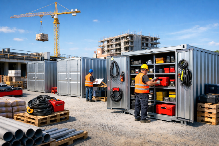 Mobile Raumsystemaufbewahrung auf einer Baustelle.