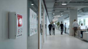 Moderner Unternehmensflur mit gut sichtbar gekennzeichnetem Erste-Hilfe-Bereich und Defibrillator an der Wand.