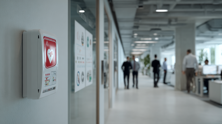 Moderner Unternehmensflur mit gut sichtbar gekennzeichnetem Erste-Hilfe-Bereich und Defibrillator an der Wand.