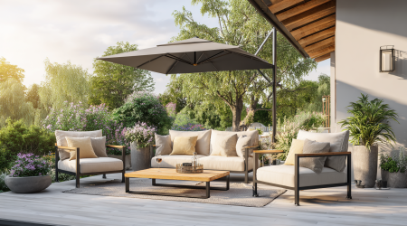 Moderner Außenbereich mit stilvollen, wetterfesten Outdoor-Möbeln, Sofa und Stühle mit Kissen, Couchtisch, Sonnenschirm, umgeben von Grünpflanzen, gemütliche und elegante Atmosphäre