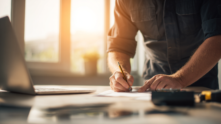 Ein Elektriker in Arbeitskleidung repariert eine Steckdose, während im Vordergrund ein Schreibtisch mit Laptop, PDF-Rechnung und Stift zu sehen ist, der die Verbindung von handwerklicher Arbeit und Büroaufgaben zeigt.