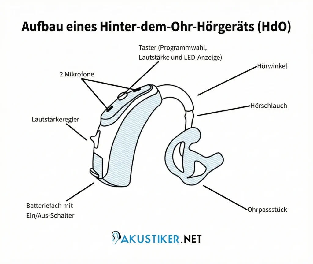Grafische Darstellung des Aufbaus eines Hinter-dem-Ohr-Hörgeräts mit beschrifteten Bauteilen wie Mikrofone, Taster für Programme und Lautstärke, Lautstärkeregler, Batteriefach mit Ein-Aus-Schalter, Hörwinkel, Hörschlauch und individuell geformtem Ohrpassstück.