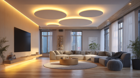 Ein modernes helles Wohnzimmer mit indirekter LED Deckenbeleuchtung.