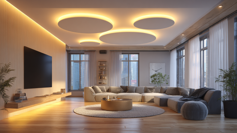 Ein modernes helles Wohnzimmer mit indirekter LED Deckenbeleuchtung.