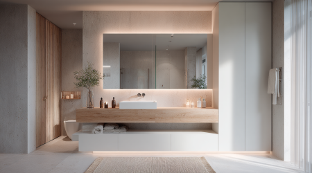 Modernes Badezimmer mit LED-Unterbauleuchten unter Spiegel und Schränken, gleichmäßige Ausleuchtung, warmes und neutrales Licht.