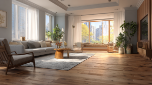 Modernes, stilvolles Wohnzimmer mit hellem Holzboden, gemütlicher Einrichtung, Pflanzen und eleganter Dekoration, das eine warme und einladende Atmosphäre vermittelt.