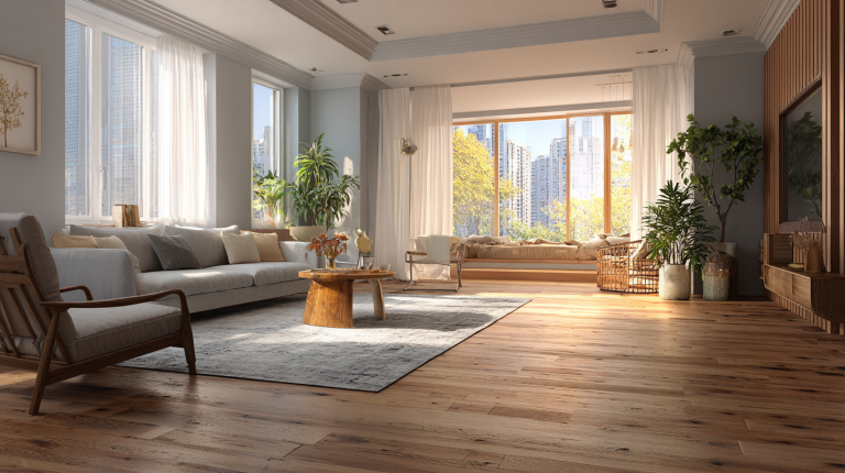 Modernes, stilvolles Wohnzimmer mit hellem Holzboden, gemütlicher Einrichtung, Pflanzen und eleganter Dekoration, das eine warme und einladende Atmosphäre vermittelt.