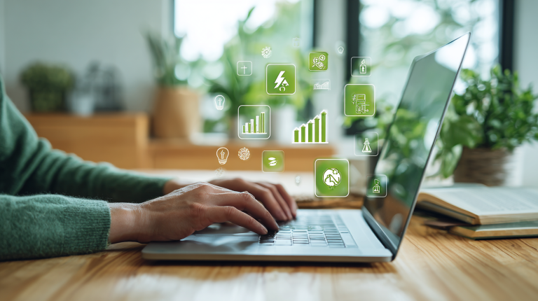 Modernes Home-Office mit Person, die am Laptop Stromtarife vergleicht, umgeben von schwebenden Icons für Diagramme, Strom und Einsparungen, heller und gemütlicher Raum mit Pflanzen.