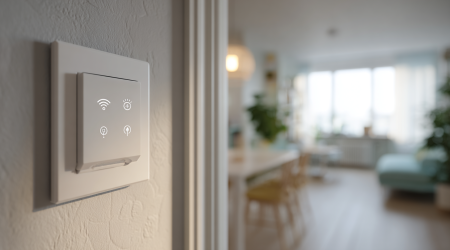 Eine Smar Home Schnittstelle an der Wand eines modern eingerichteten Wohnzimmers.