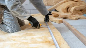 Handwerker in Schutzkleidung schneidet Steinwolle für die Wärmedämmung eines Warmdachs auf Maß.