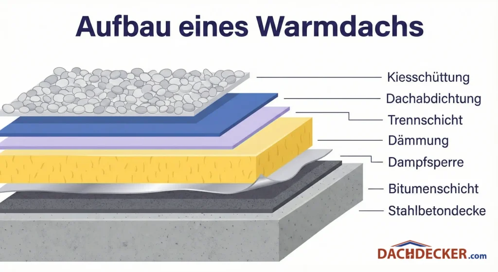 Grafische Darstellung des Aufbaus eines Warmdachs mit übereinanderliegenden Schichten aus Stahlbetondecke, Bitumenschicht, Dampfsperre, Dämmung, Trennschicht, Dachabdichtung und Kiesschüttung.