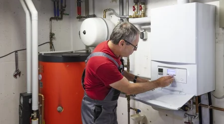 Heizungsfachmann führt eine Wartung an einer Heizungsanlage durch.