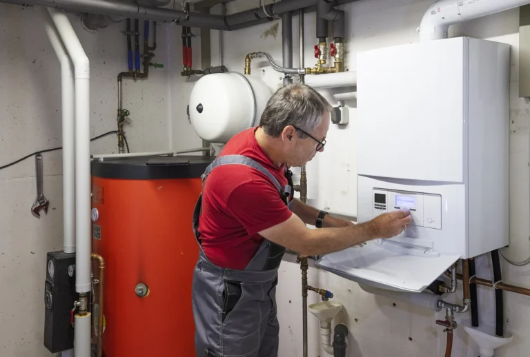 Heizungsfachmann führt eine Wartung an einer Heizungsanlage durch.
