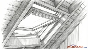 Skizze eines Dachfensters mit Holzrahmen in einer Dachkonstruktion mit sichtbaren Sparren. Das Dachfenster ist geöffnet und lässt Tageslicht in den Dachraum. Innenverkleidung und Tragkonstruktion aus Holz sind klar erkennbar.