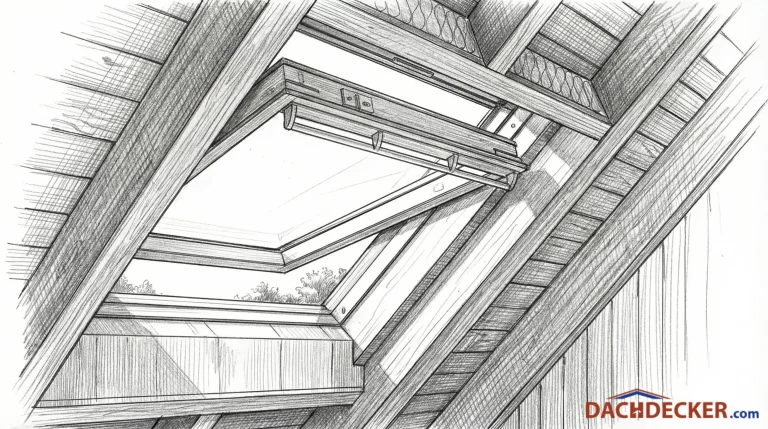 Skizze eines Dachfensters mit Holzrahmen in einer Dachkonstruktion mit sichtbaren Sparren. Das Dachfenster ist geöffnet und lässt Tageslicht in den Dachraum. Innenverkleidung und Tragkonstruktion aus Holz sind klar erkennbar.