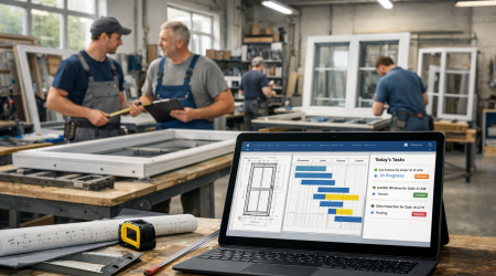 Ein moderner Fensterbaubetrieb, in dem digitale Planung und handwerkliche Arbeit miteinander verbunden sind.