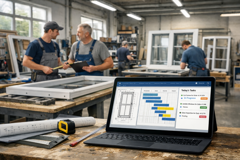 Ein moderner Fensterbaubetrieb, in dem digitale Planung und handwerkliche Arbeit miteinander verbunden sind.