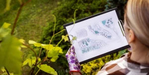 Eine Gartenbauerin hält einen Gartenplan in der Hand, auf dem eine Skizze des neuen Gartenkonzepts zu erkennen ist.