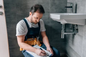Ein Sanitärinstallateur dokumentiert seine Arbeit. Er kniet vor einem Waschbecken, in einem Bad.