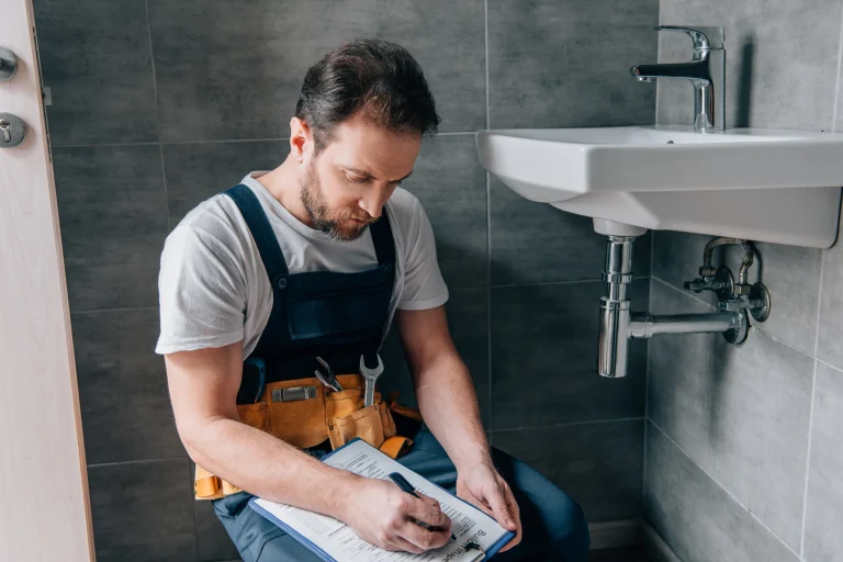 Ein Sanitärinstallateur dokumentiert seine Arbeit. Er kniet vor einem Waschbecken, in einem Bad.
