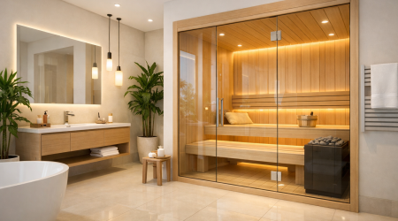 Ein helles, modernes Badezimmer mit einer eingebauten Sauna aus hellem Holz und Glasfront, warm indirekt beleuchtet, mit einigen grünen Pflanzen und großen hellen Fliesen.