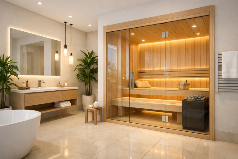 Ein helles, modernes Badezimmer mit einer eingebauten Sauna aus hellem Holz und Glasfront, warm indirekt beleuchtet, mit einigen grünen Pflanzen und großen hellen Fliesen.