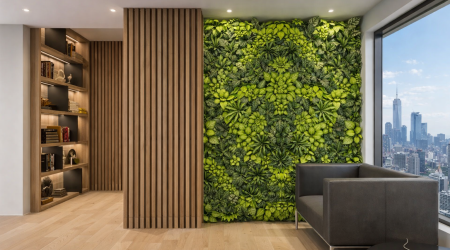 Ein helles Büro mit Blick auf eine Großstadt, im Fokus steht eine mit unechten Pflanzen begrünte Wand, die durch Holzelemente in Szene gesetzt wird.