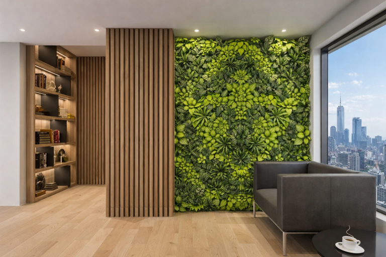 Ein helles Büro mit Blick auf eine Großstadt, im Fokus steht eine mit unechten Pflanzen begrünte Wand, die durch Holzelemente in Szene gesetzt wird.