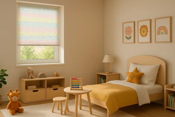 Ein Kinderzimmer mit einem Fenster, das durch ein bunt gestreiftes Plissee abgedunkelt wird.