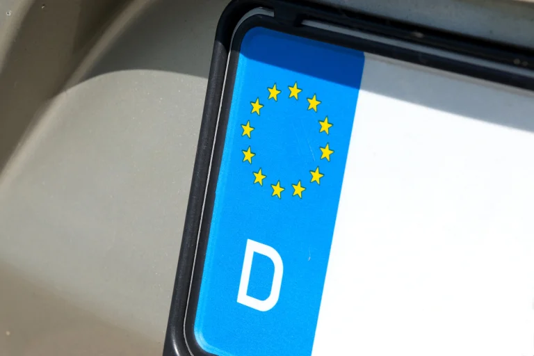 Ein Kennzeichen an einem silber lackierten Auto.